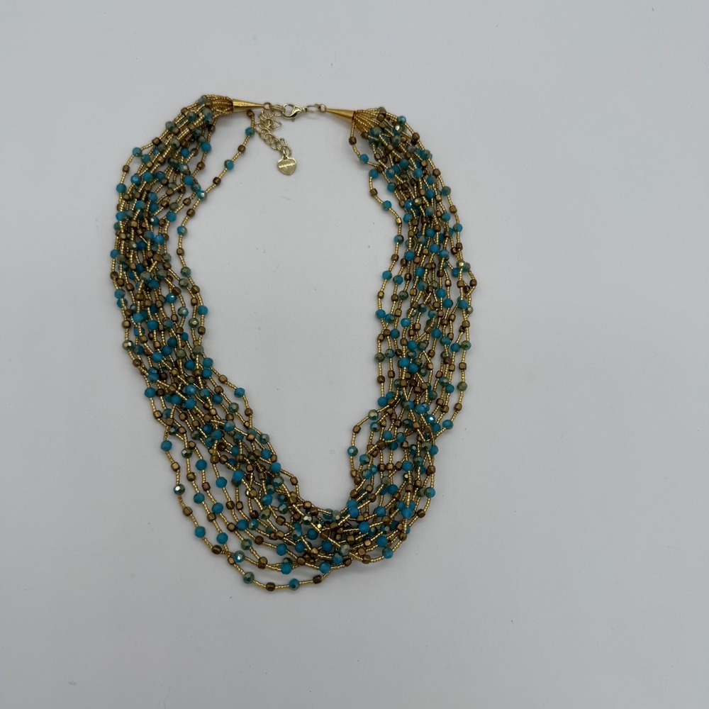 Nakamol Multi Strand Beaded Statement Necklace Blue Gold Boho Layered